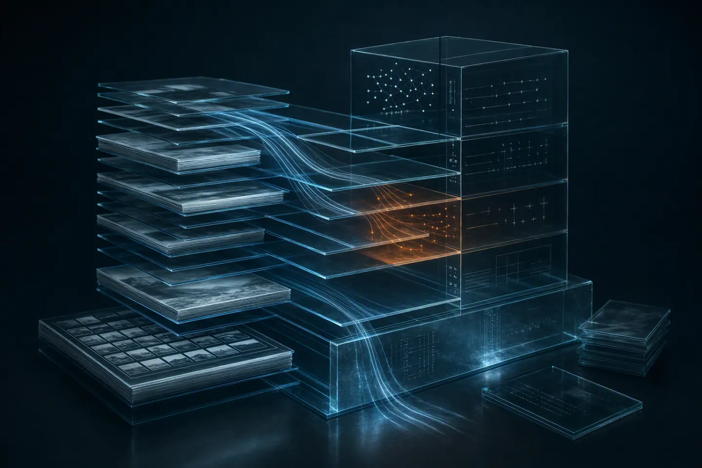 Translucent archive layers with cyan paths passing through and amber paths stopping inside, illustrating portable and catalog-trapped metadata